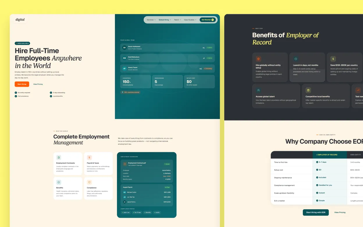Side-by-side comparison of Claude Design's generated Employer of Record landing page mockups against the Global Hiring brand reference