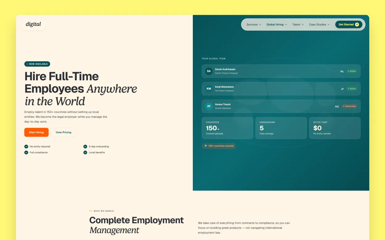 Side-by-side comparison of Claude Design's generated Employer of Record landing page mockups against the Global Hiring brand reference