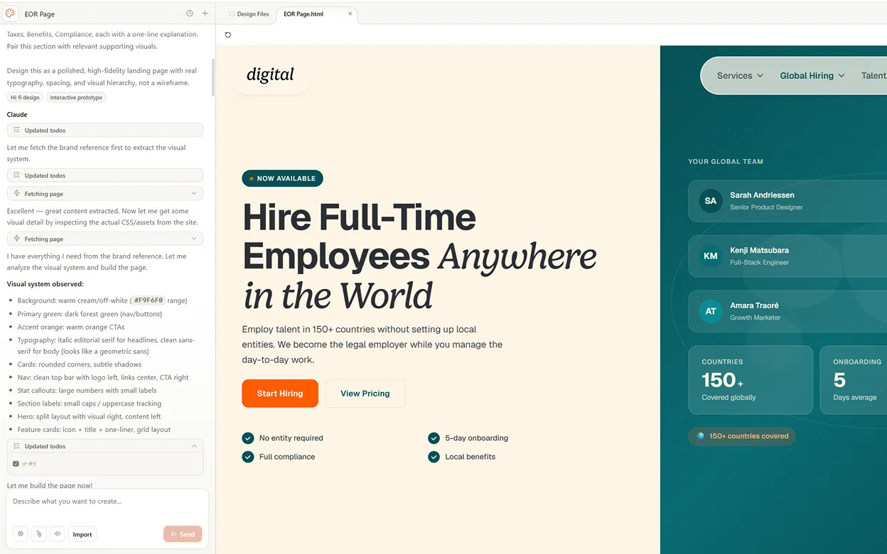 The Claude Design interface generating the Global Hiring Employer of Record landing page, with the iteration conversation on the left and the rendered page on the right
