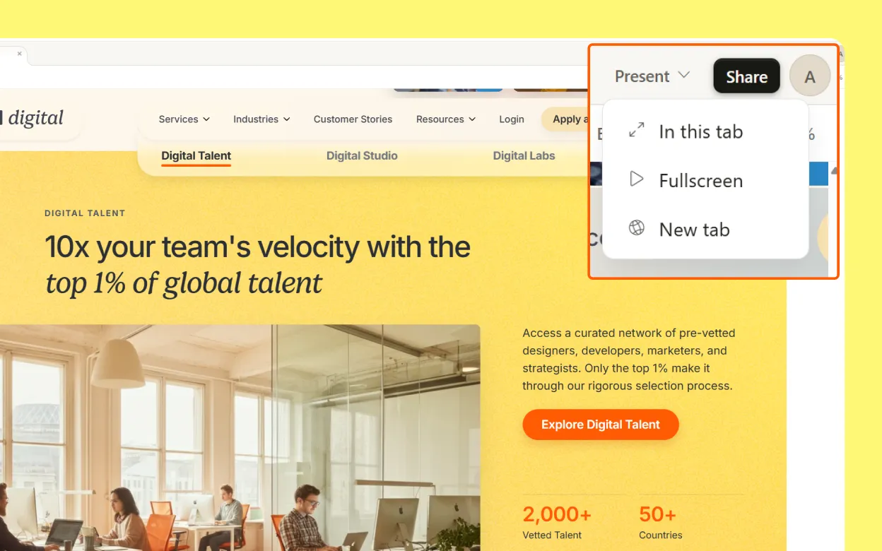 The Claude Design workspace showing the iteration conversation on the left, the interactive docking nav prototype on the right, and the Present mode dropdown in the top right