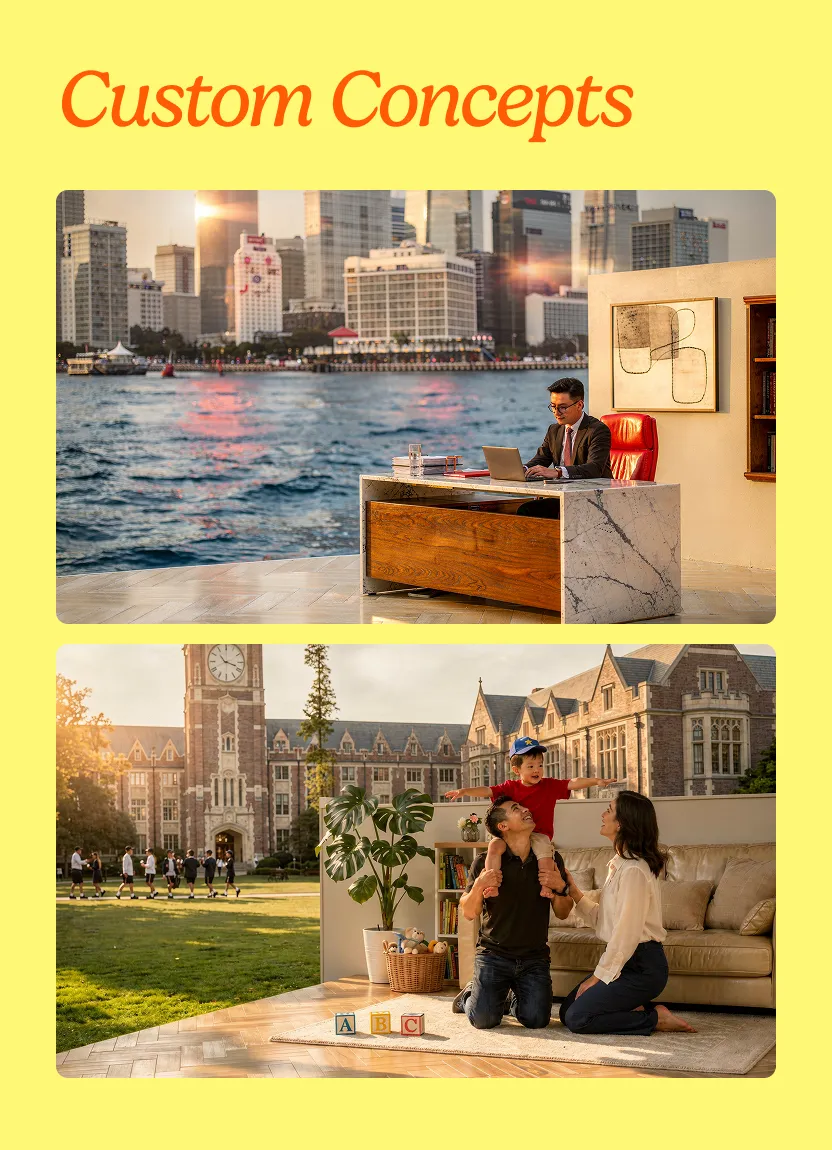 Two custom concept outputs from the trained style: the brand at the start of a young executive's career and the brand at the moment of family legacy