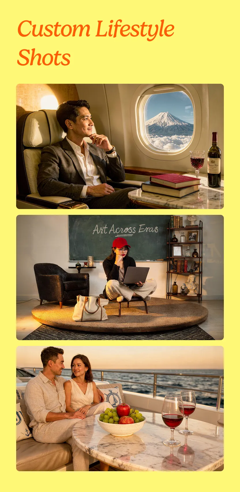 Three custom lifestyle shots generated from the trained style: an executive in transit, a kerbside transaction, a couple at sunset