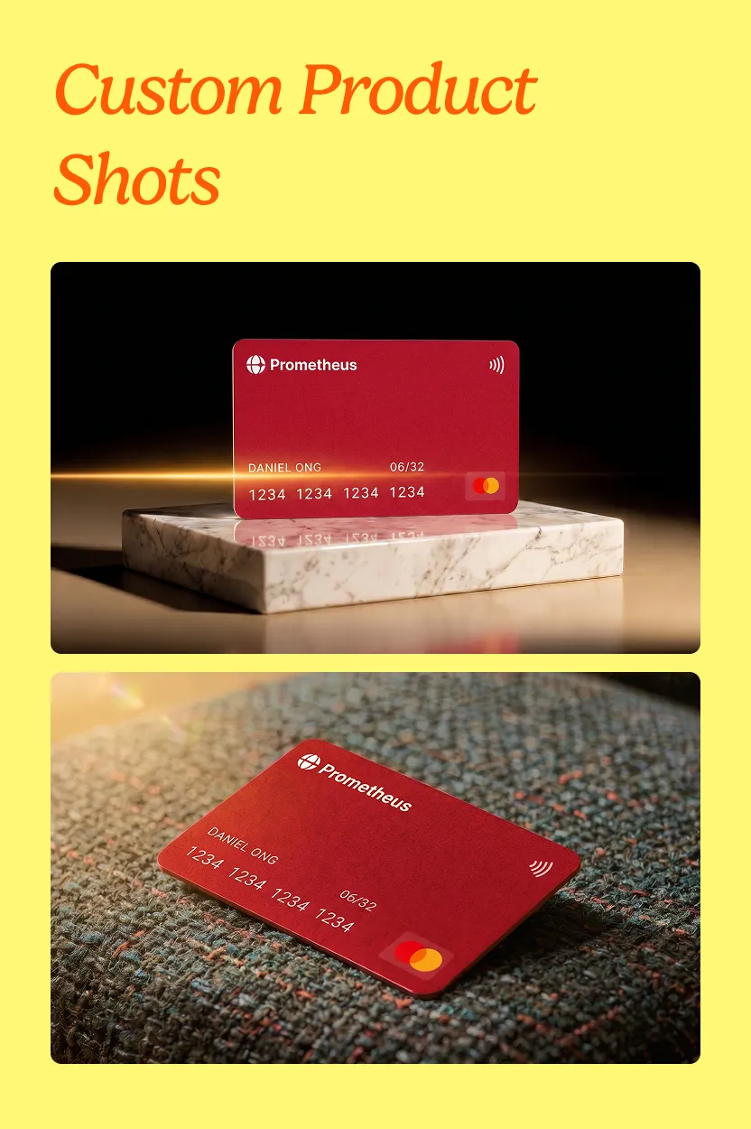 Two custom product shots of the premium banking card: a studio hero on a polished marble plinth and a contextual placement on a bouclé designer chair