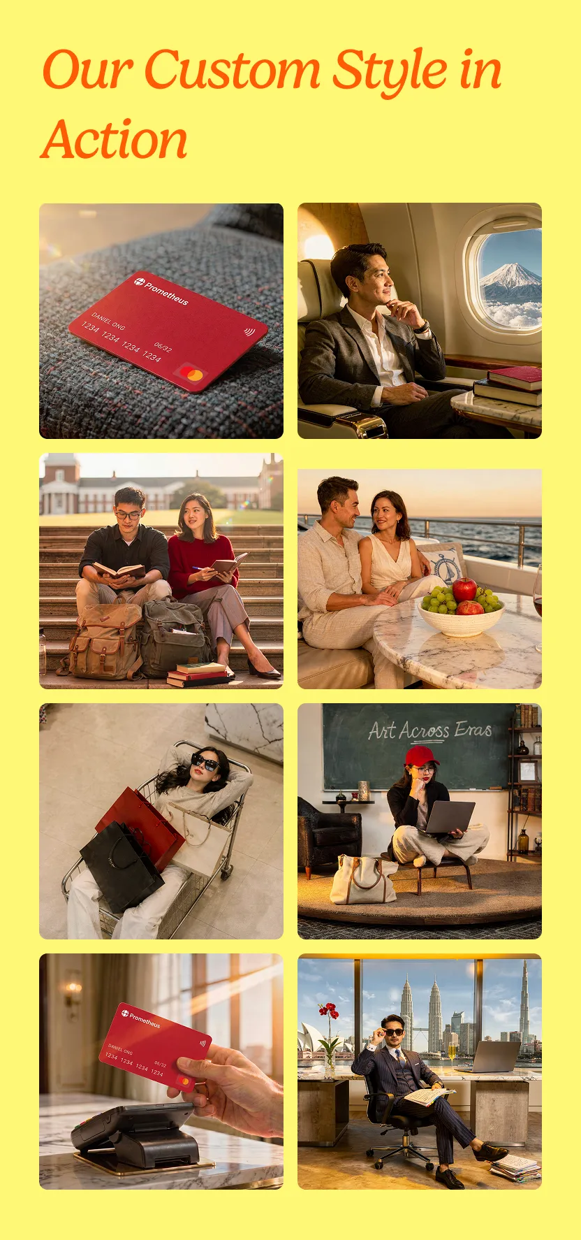 Eight outputs from a single trained custom style spanning lifestyle, product, and concept ranges, all holding the same brand register