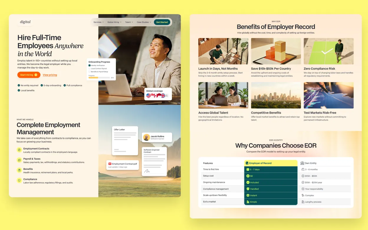 The final Employer of Record landing page, refined in Figma Design from the Claude Design starting point