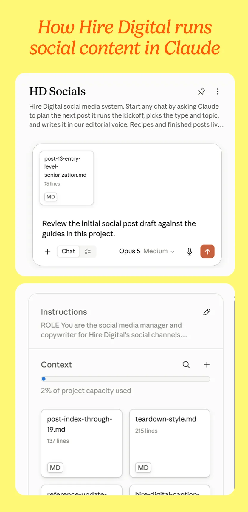 Hire Digital's Social Media Project holds the instructions, references, and post index used to plan, draft, and review social content