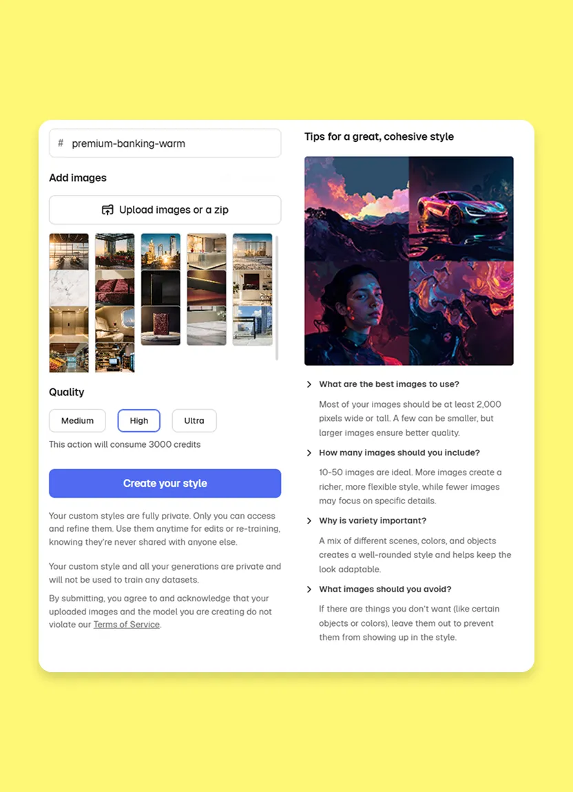 The Magnific user interface for creating a custom style, showing style name, dataset upload, quality tier, and credit cost