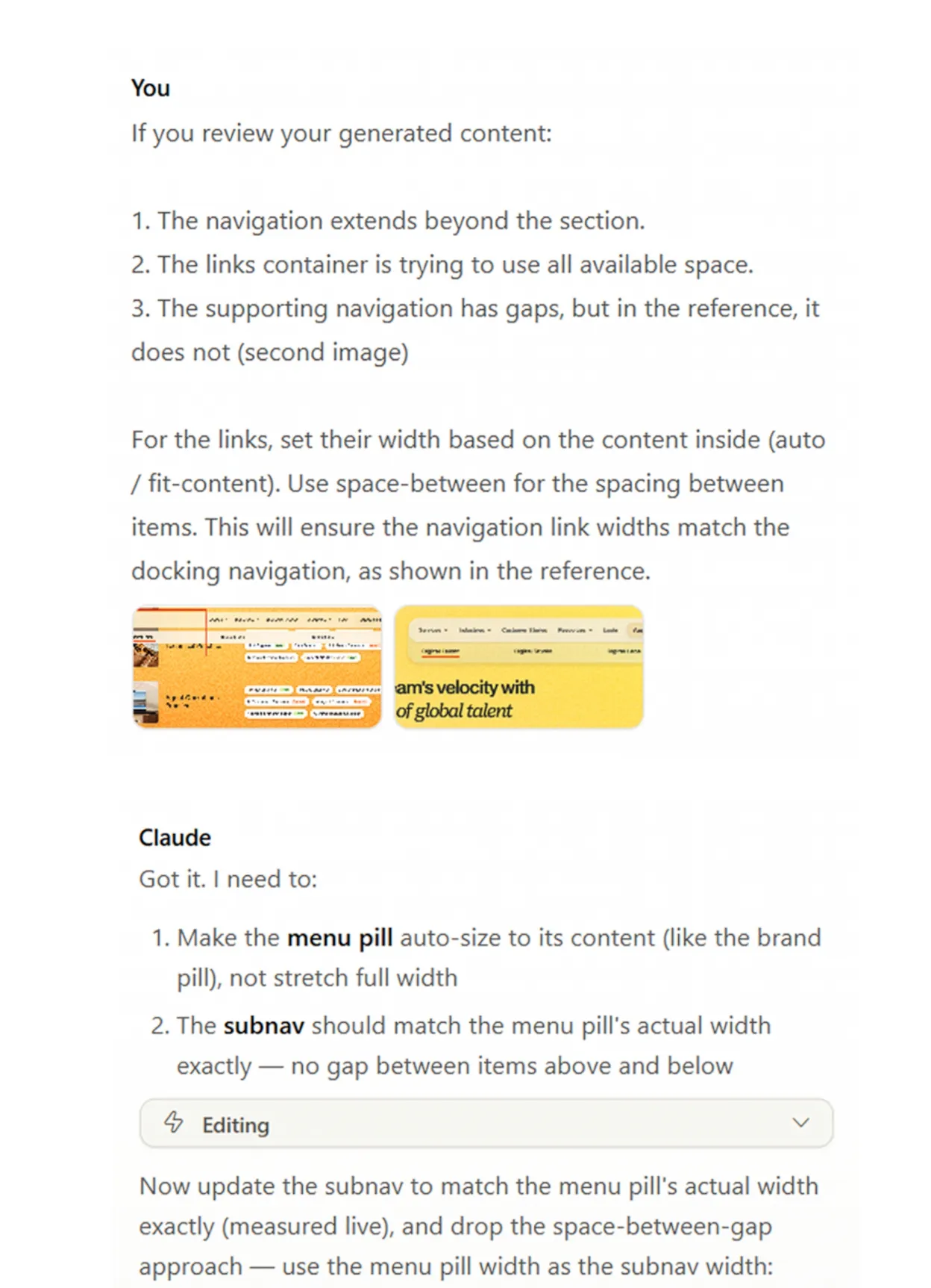 The Claude Design conversation that locked the docking navigation pattern, showing specific feedback in and specific output back