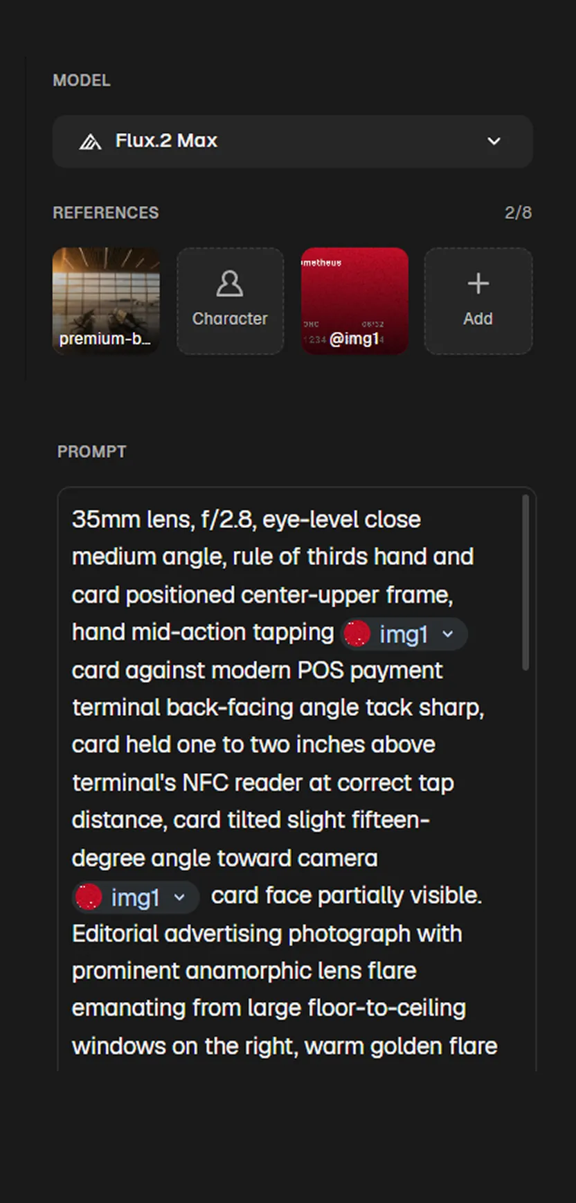 A real production prompt rendered on a dark background, describing subject, action, camera, and lighting for a single shot