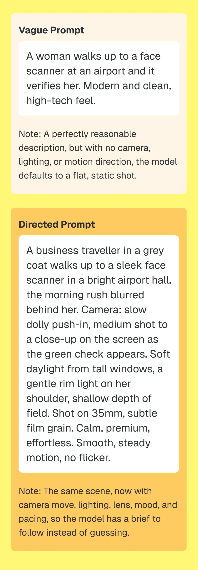 Side-by-side comparison of a vague prompt and a directed prompt for the same airport face-scanner scene, showing how added camera, lighting, and pacing direction change what the model produces