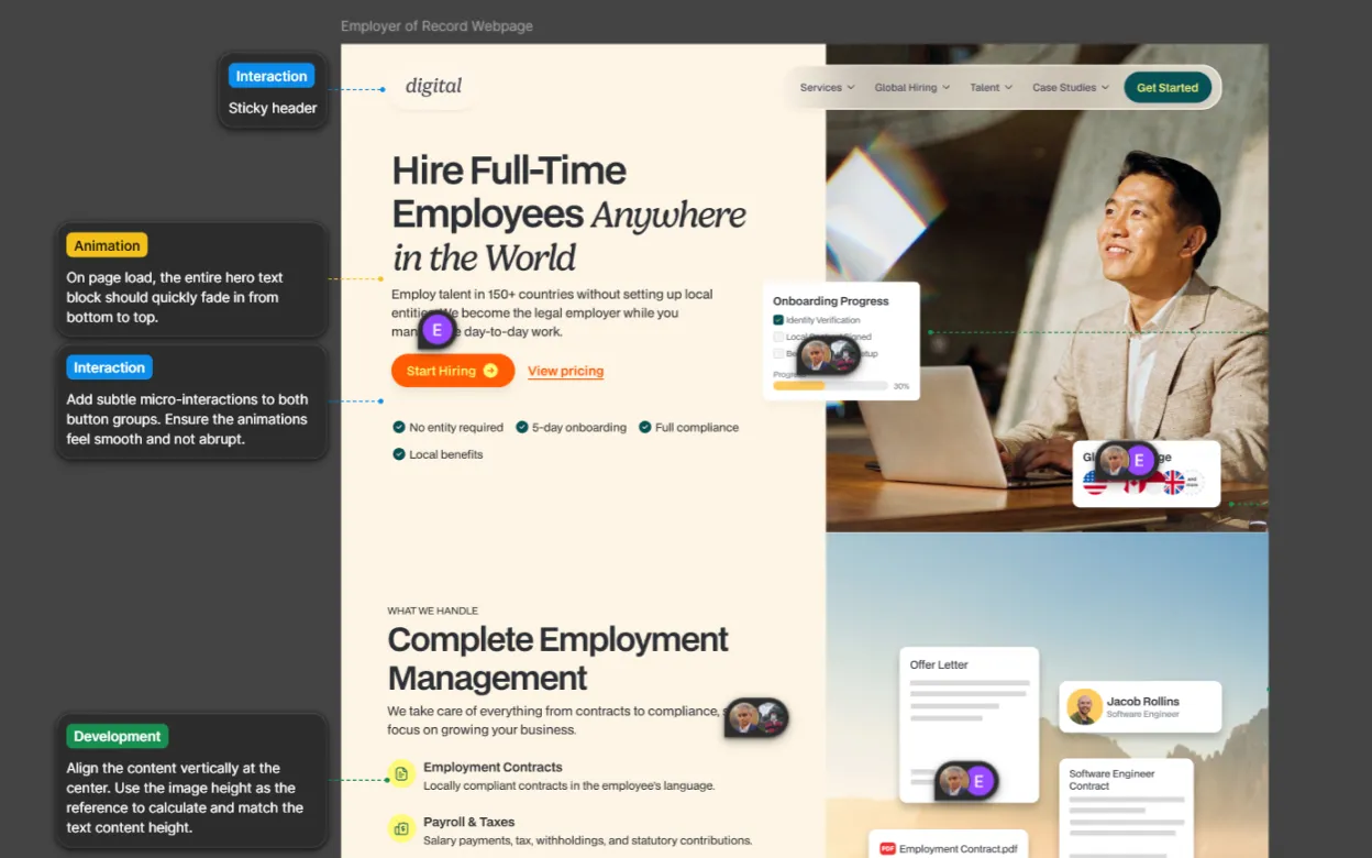 A static landing page mockup covered in annotations from designers, developers, and project leads, illustrating the slow middle of design review rounds