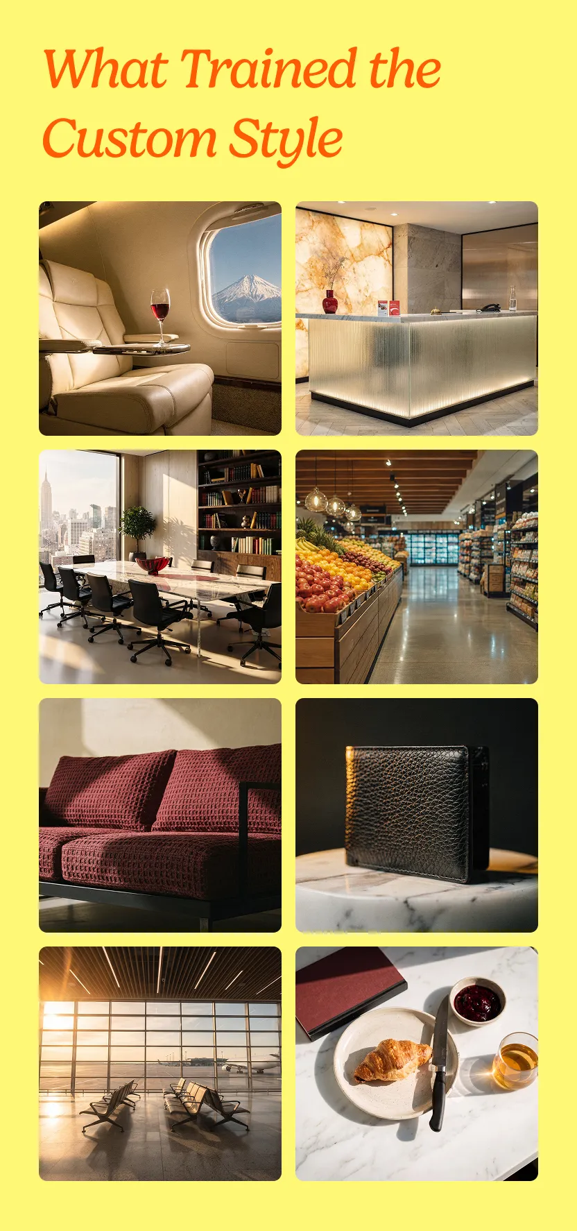 Eight of the reference images behind the trained custom style: empty premium rooms and surfaces with no card or people in frame