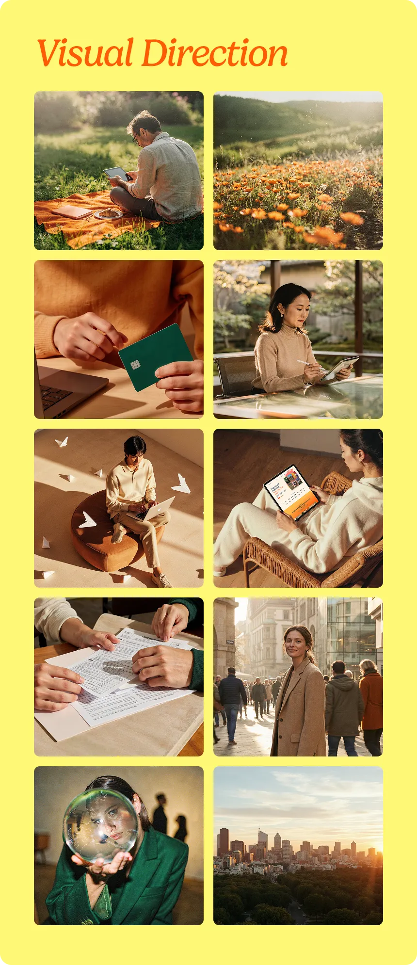Visual direction mood board with a curated grid of reference photography defining look, tone, and style for a campaign