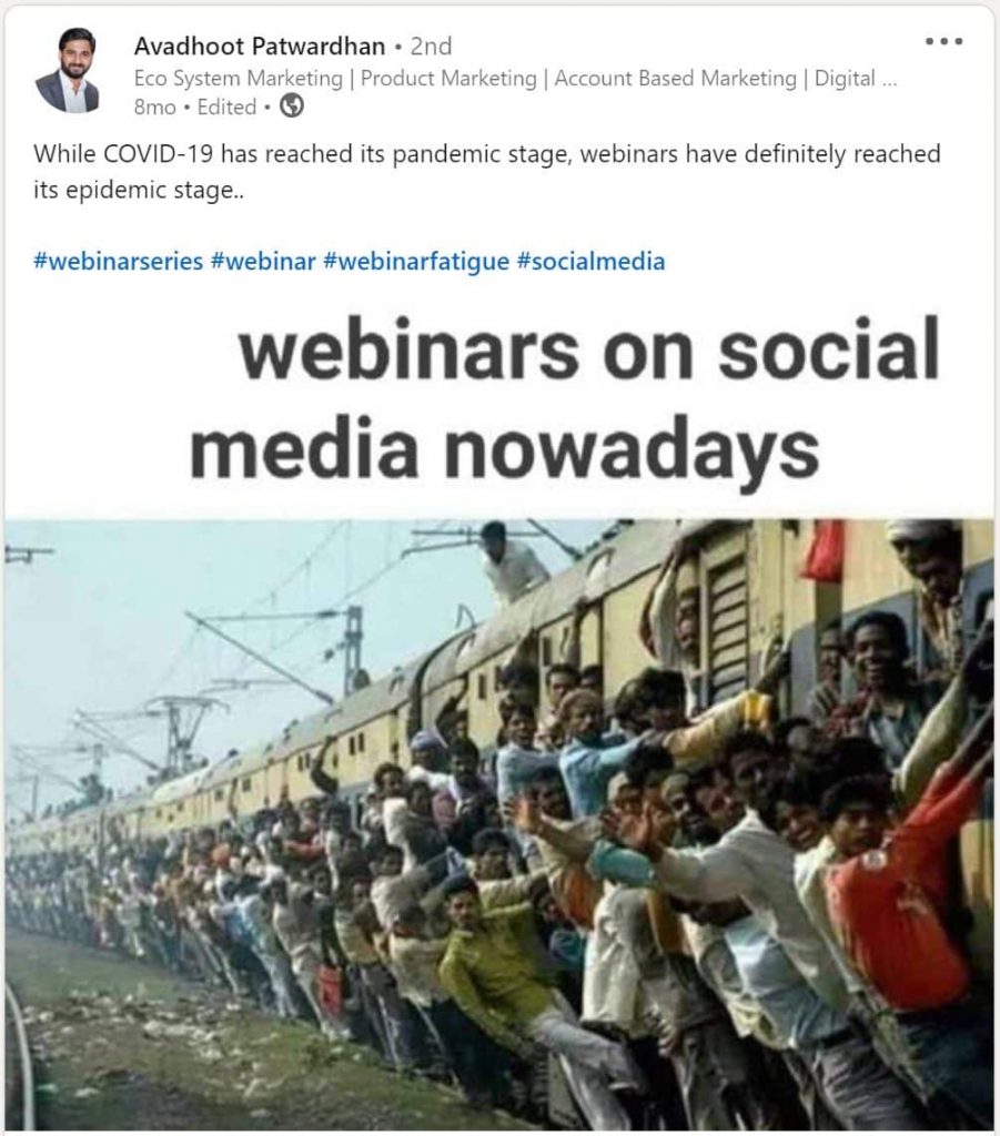 LinkedIn post by Avadhoot Patwardhan saying how webinars have reached an epidemic stage.