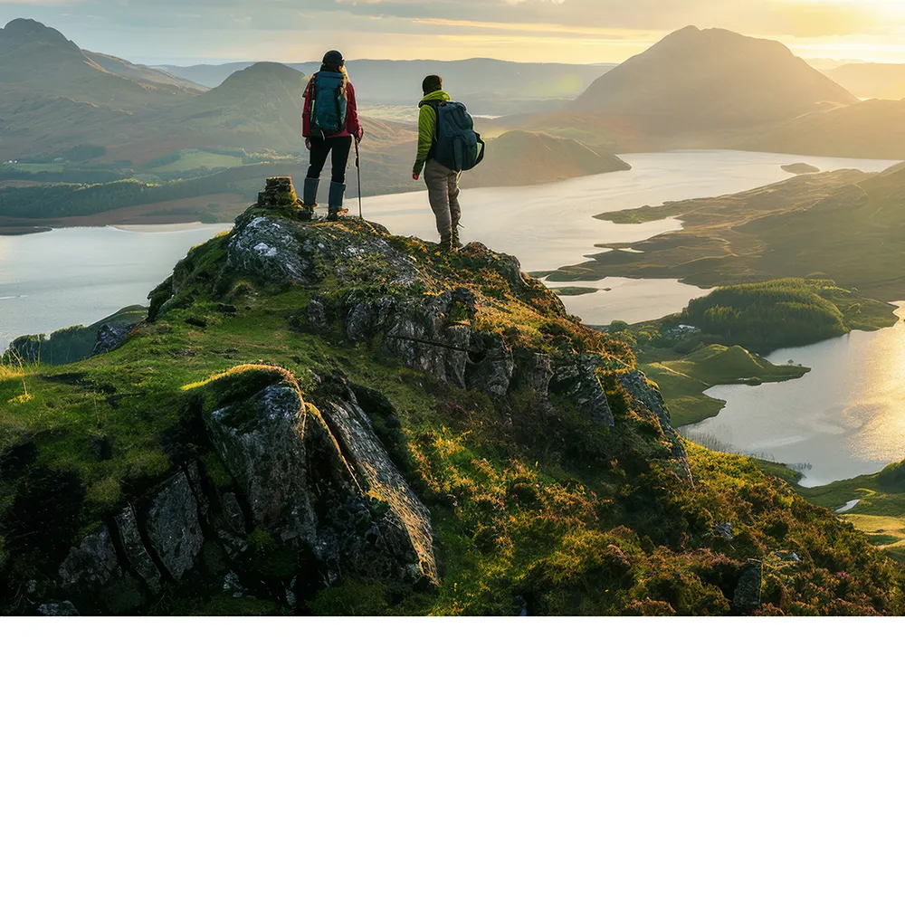 two mountaineers overlooking a landscape at the peak